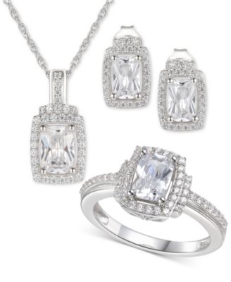 Macy's - 3-Pc. Set Cubic Zirconia Halo Pendant Necklace, Drop Earrings and Ring in Sterling Silver