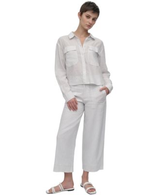 DKNY Jeans - Women's Cropped Long-Sleeve Shirt & Cropped Wide-Leg Linen Pants