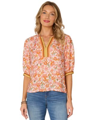Democracy - Petite Printed Notch-Neck Elbow-Sleeve Top