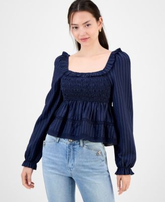Topson Downs - Juniors' Smocked Ruffle-Trim Babydoll Top