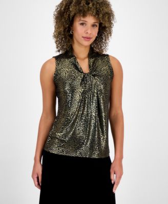 Kasper - Plus Size Foil-Print Knot-Front Top