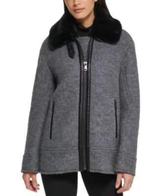 Kenneth Cole - Women's Faux-Fur-Collar Moto Coat