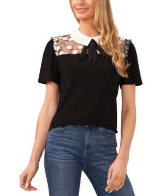 CeCe - Women's Lace-Yoke Short-Sleeve Tie-Neck Collared Top