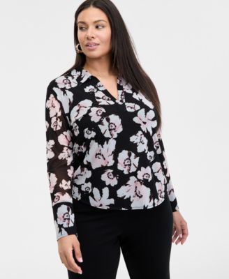 I.N.C. International Concepts - Plus Size Printed Mesh Johnny Collar Top