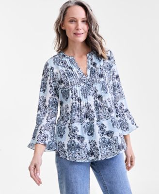Style & Co - Petite Regina Floral Pintuck Bell-Sleeve Top