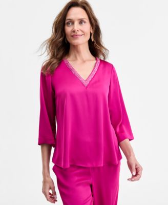 JM Collection - Women's Beaded V-Neck 3/4-Sleeve Top, Exclusively at Macy's