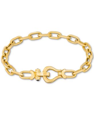 Italian Gold - Black Spinel Horseshoe Clasp Paperclip Link Bracelet in 14k Gold-Plated Sterling Silver