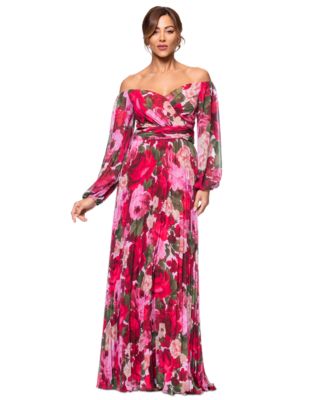 XSCAPE - Petite Floral-Print Pleated Off-The-Shoulder Gown