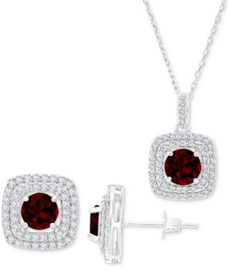 Macy's - 2-Pc. Set Lab-Grown Garnet (3-7/8 ct. t.w.) & Lab-Grown White Sapphire (7/8 ct. t.w.) Square Halo Pendant Necklace & Matching Stud Earrings in Sterling Silver