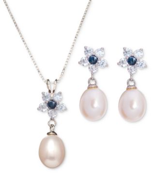 Macy's - Baroque Cultured Freshwater Pearl (9x7mm), Sapphire (1/3 ct. t.w.) & Cubic Zirconia Flower Pendant Necklace & Drop Earrings Set in Sterling Silver