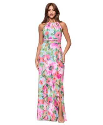 XSCAPE - Women's Floral Chiffon Ruffled Tiered Halter Gown