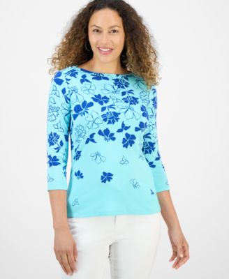 Style & Co - Petite Floral Spark Printed Pima Cotton 3/4-Sleeve Top, Exclusively at Macy's