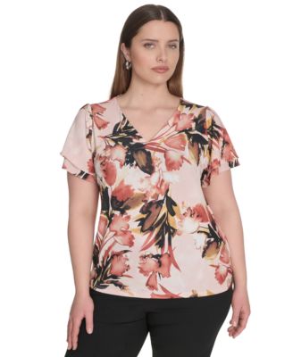 Calvin Klein - Plus Size Placed-Print Flutter-Sleeve Top