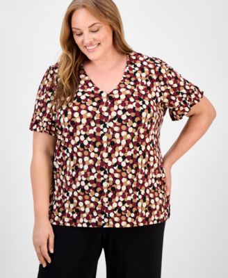 AK Anne Klein - Plus Size Dot-Print Short-Sleeve Button-Up Top