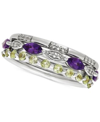 Macy's - 3-Pc. Set Multi-Gemstone Stacking Rings (1-1/10 ct. t.w.) in Sterling Silver