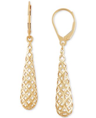 Italian Gold - Lattice Work Elongated Teardrop Leverback Drop Earrings in 10k Gold