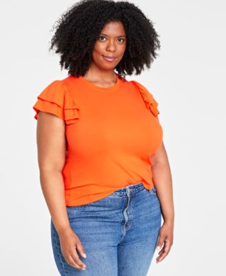 On 34th - Trendy Plus Size Round-Neck Short-Flutter-Sleeve Top