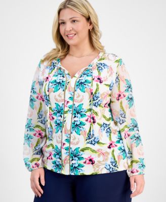 JM Collection - Plus Size Ladder-Trim Printed Mixed-Media Top
