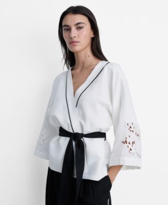 MANGO - Women's Openwork Details Linen Blend Caftan