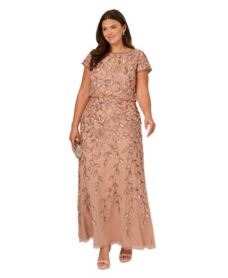 Adrianna Papell - Plus Size Boat-Neck Beaded Blouson Gown