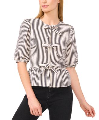 CeCe - Women's Striped Puff-Sleeve Bow-Front Peplum Blouse
