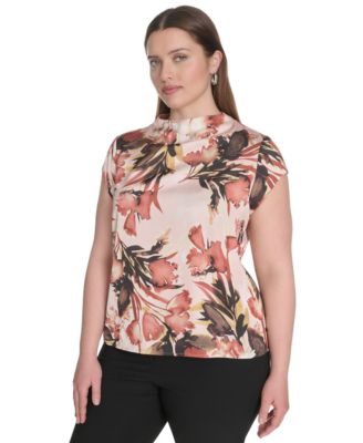 Calvin Klein - Plus Size Printed Mock-Neck Cap-Sleeve Top