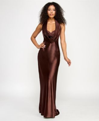 KATIA RAE - Juniors' Satin Cowl-Neck Halter Gown
