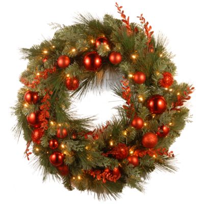 National Tree Company - National Tree 24" Decorative Collection Chrisas Red Mixed Wreaths with 50 Soft White Battery Operated LEDs with Timer