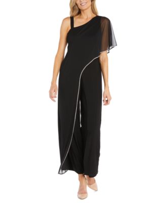 R & M Richards - Women's Asymmetric Rhinestone-Trim Draped Jumpsuit