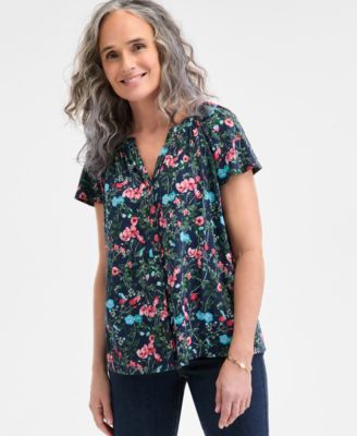 Style & Co - Women's Floral-Print Flutter-Sleeve Gathered-Neck Top