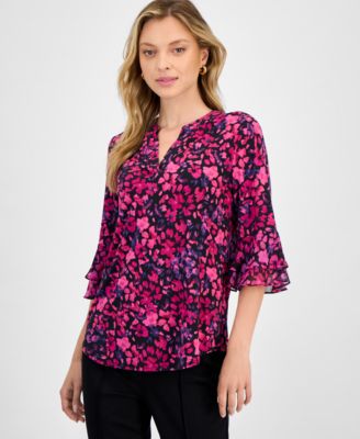 Kasper - Petite Ditsy Floral-Print Bell-Sleeve Top