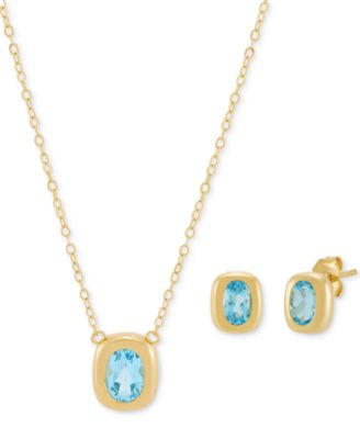 Macy's - 2-Pc. Set Swiss Blue Topaz Bezel Pendant Necklace & Matching Stud Earrings (1-3/4 ct. t.w.) in 14k Gold-Plated Sterling Silver