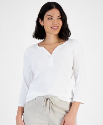 Style & Co - Petite Cotton Knit Henley 3/4-Sleeve Top