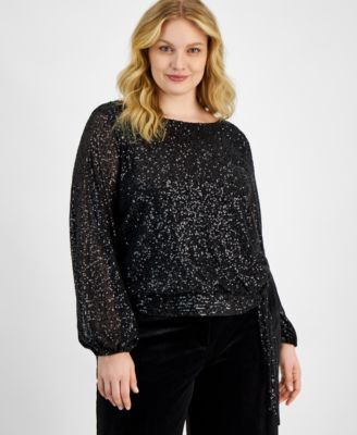 Tahari ASL - Plus Size Sequin Round-Neck Long-Sleeve Blouse