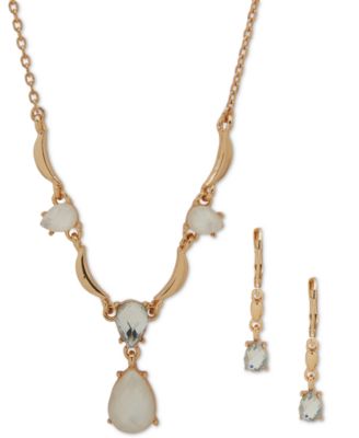 Anne Klein - Gold-Tone Mixed Stone Lariat Necklace & Drop Earrings Set