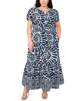 MSK - Plus Size Printed Split-Neck Tiered Cotton Maxi Dress