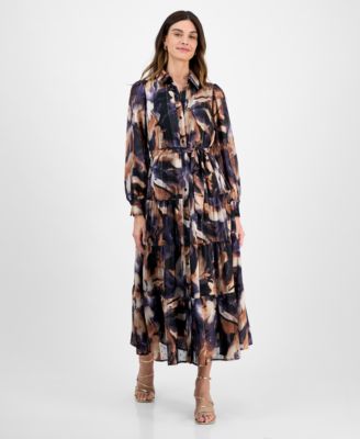 Robbie Bee - Women's Tiered Floral-Print Shirtdress