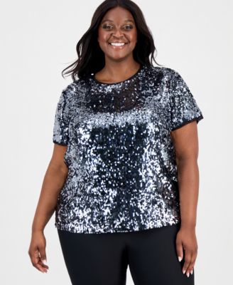 Anne Klein - Plus Size Sequinned Chiffon-Trim Top