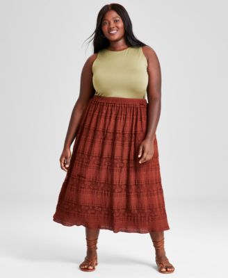 And Now This - Trendy Plus Size Tiered Lace-Inset Skirt