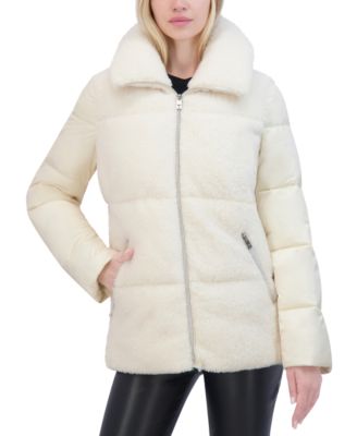Tahari - Women's Mixed-Media Stand-Collar Puffer Coat
