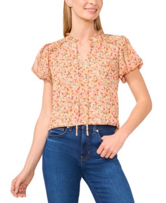 CeCe - Women's Printed Ruffle-Trimmed Puff-Sleeve Blouse