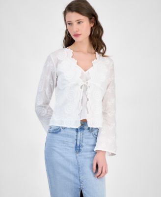 GUESS - Women's Long-Sleeve Embroidered Tie-Front Top