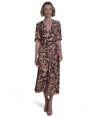 Halston - Women's Printed Tie-Waist Faux-Wrap Midi Dress