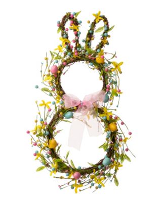 Glitzhome - 24.5"H Easter Bunny Shaped Wreath with Eggs Satin Ribbon Bow