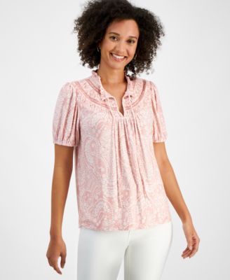 Nautica Jeans - Women's Printed Tie-Neck Puff-Sleeve Top