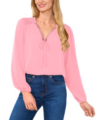 CeCe - Women's Circular-Trim Pin-Tuck Long-Sleeve Blouse