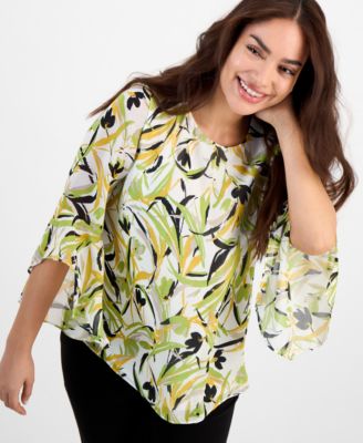 Kasper - Women's Floral-Chiffon Ruffle Bell-Sleeve Blouse, Regular & Petite Sizes