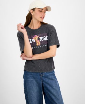 Rebellious One - Juniors' Mineral Wash Teddy Bear Brooklyn Graphic T-Shirt