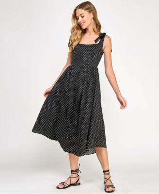 SENI & CADE - Juniors' Polka-Dot Shoulder-Tie Midi Dress