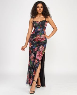 KATIA RAE - Juniors' Floral-Print Sequined Spaghetti-Strap Gown